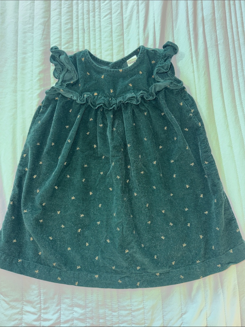 Festive Forest Green Corduroy Dress with Ruffles, Gold Bows